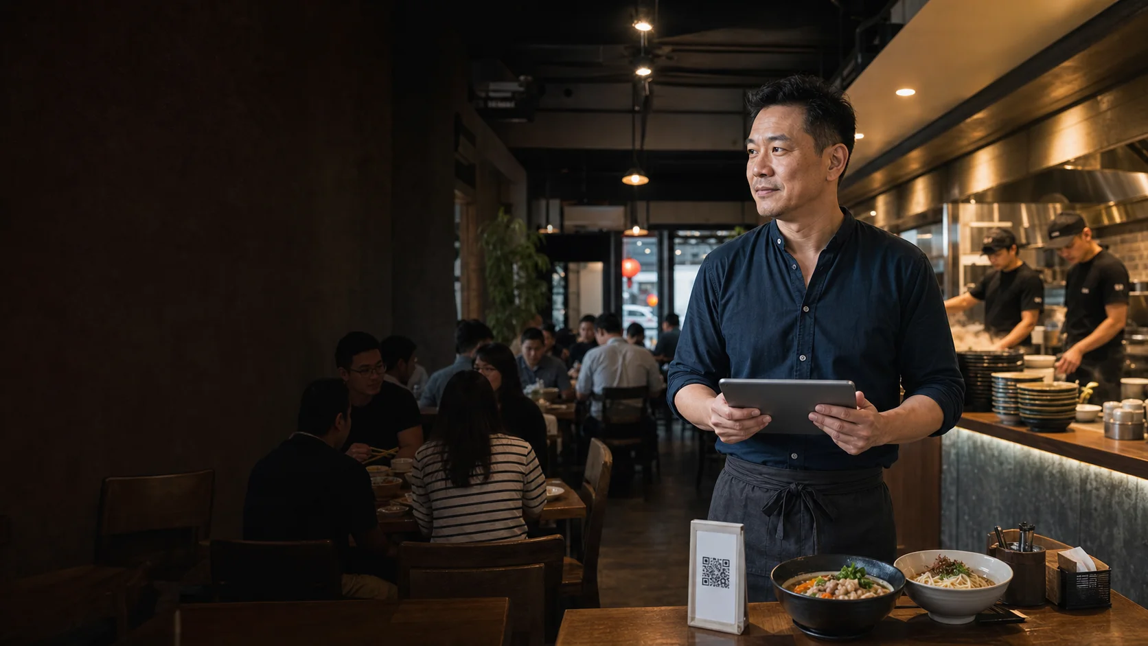 餐飲經營者以平板查看 WiWiStore 今日營運建議